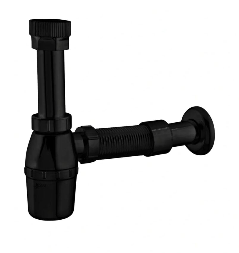 סיפון “¼1 קשיח לכיור רחצה עשוי מפלסטיק ויש לו גם צינור שרשורי צבע שחור מט דגם 11547