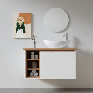 ארון אמבטיה תלוי רוחב 47 ס"מ בעומק 24 ס"מ צבע לבן מט עם משטח עץ מלא להנחת כיור מונח דגם B10025-47