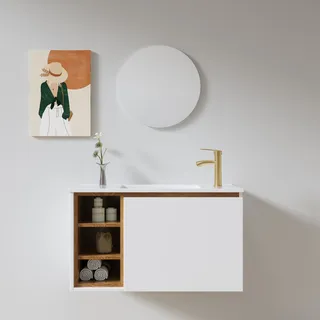 ארון אמבטיה תלוי רוחב 55 ס"מ בעומק 33 ס"מ צבע לבן מט עם כיור משטח חרס שקוע דגם B10025-55A