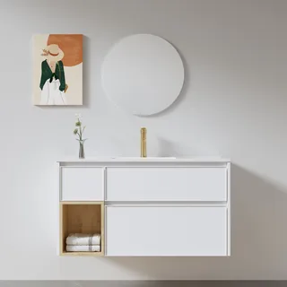 ארון אמבטיה תלוי רוחב 100 ס"מ בעומק 46 ס"מ צבע לבן מט עם כיור משטח חרס שקוע דגם גלאריס