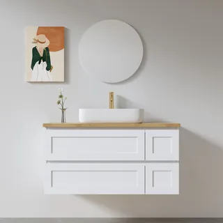 ארון אמבטיה תלוי רוחב 80, 100 ס"מ לבחירתך בעומק 46 ס"מ צבע לבן מט עם משטח עץ מלא להנחת כיור מונח דגם באזל