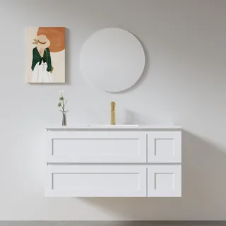 ארון אמבטיה תלוי רוחב 80, 100 ס"מ לבחירתך בעומק 46 ס"מ צבע לבן מט עם כיור משטח חרס שקוע דגם לוצרן