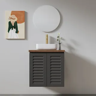 ארון אמבטיה תלוי רוחב 60 ס"מ בעומק 46 ס"מ צבע לבן או שחור מט לבחירתך עם משטח עץ מלא להנחת כיור מונח דגם אארהוס