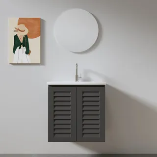 ארון אמבטיה תלוי רוחב 60 ס"מ בעומק 46 ס"מ צבע לבן או שחור מט לבחריתך עם כיור משטח חרס שקוע דגם אסביר