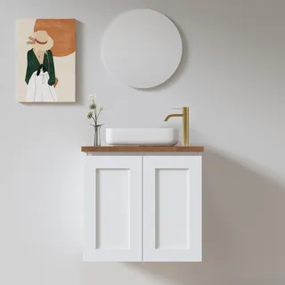 ארון אמבטיה תלוי רוחב 47 ס"מ בעומק 24 ס"מ צבע לבן או שחור מט לבחירתך עם משטח עץ מלא להנחת כיור מונח דגם בילונד