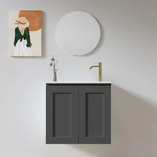 ארון אמבטיה תלוי רוחב 55 ס"מ בעומק 33 ס"מ צבע לבן או שחור מט לבחריתך עם כיור משטח חרס שקוע דגם אלבורג