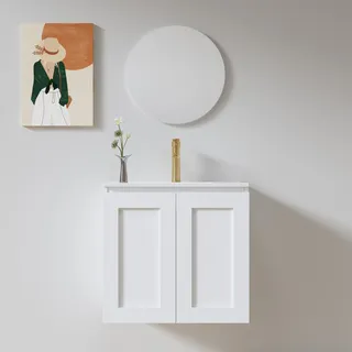 ארון אמבטיה תלוי רוחב 60 ס"מ בעומק 46 ס"מ צבע לבן או שחור מט לבחריתך עם כיור משטח חרס שקוע דגם ויילה