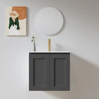 ארון אמבטיה תלוי רוחב 60 ס"מ בעומק 46 ס"מ צבע לבן או שחור מט לבחריתך עם כיור משטח חרס שקוע דגם ויילה