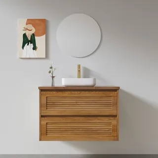 ארון אמבטיה תלוי רוחב 60, 80, 100 ס"מ לבחירתך בעומק 46 ס"מ עשוי מעץ מלא אלון מבוקע עם משטח עץ מלא להנחת כיור מונח דגם פלמן