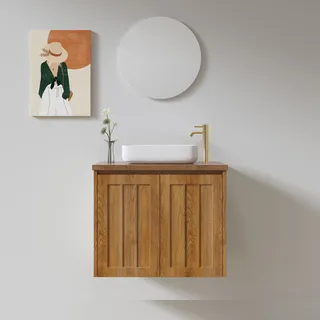 ארון אמבטיה תלוי רוחב 55 ס"מ בעומק 33 ס"מ עשוי מעץ מלא אלון מבוקע עם משטח עץ מלא להנחת כיור מונח דגם טראון