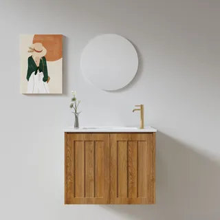 ארון אמבטיה תלוי רוחב 55 ס"מ בעומק 33 ס"מ עשוי מעץ מלא אלון מבוקע עם כיור משטח חרס שקוע דגם גראץ