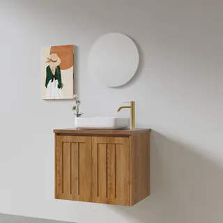 ארון אמבטיה תלוי רוחב 60, 80, 100 ס"מ בעומק 46 ס"מ לבחירתך עשוי מעץ מלא אלון מבוקע עם משטח עץ מלא להנחת כיור מונח דגם פילאך