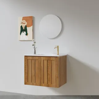 ארון אמבטיה תלוי רוחב 55 ס"מ בעומק 33 ס"מ עשוי מעץ מלא אלון מבוקע עם כיור משטח חרס שקוע דגם גראץ