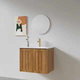 ארון אמבטיה תלוי רוחב 60, 80, 100 ס"מ בעומק 46 ס"מ לבחירתך עשוי מעץ מלא אלון מבוקע עם כיור משטח חרס שקוע דגם זלצבורג