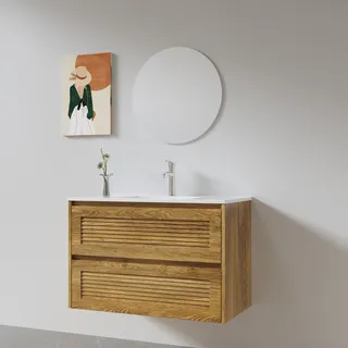 ארון אמבטיה תלוי רוחב 60, 80, 100 ס"מ לבחירתך בעומק 46 ס"מ עשוי מעץ מלא אלון מבוקע עם כיור משטח חרס שקוע דגם רומא