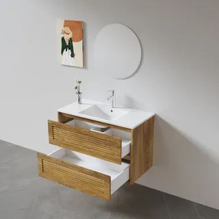 ארון אמבטיה תלוי רוחב 60, 80, 100 ס"מ לבחירתך בעומק 46 ס"מ עשוי מעץ מלא אלון מבוקע עם כיור משטח חרס שקוע דגם רומא