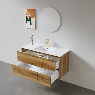 ארון אמבטיה תלוי רוחב 80, 100 ס"מ לבחירתך בעומק 46 ס"מ עשוי מעץ מלא אלון מבוקע עם כיור משטח חרס שקוע דגם גרופת