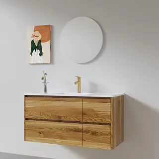 ארון אמבטיה תלוי רוחב 80, 100 ס"מ לבחירתך בעומק 46 ס"מ עשוי מעץ מלא אלון מבוקע עם כיור משטח חרס שקוע דגם גרופת