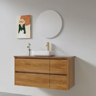 ארון אמבטיה תלוי רוחב 80, 100 ס"מ לבחירתך בעומק 46 ס"מ עשוי מעץ מלא אלון מבוקע עם משטח עץ מלא להנחת כיור מונח דגם רומי