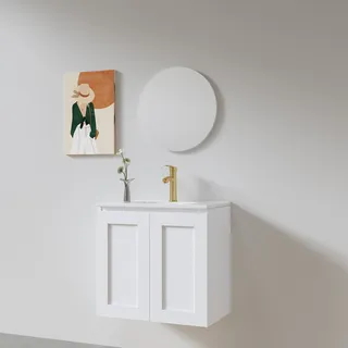 ארון אמבטיה תלוי רוחב 60 ס"מ בעומק 46 ס"מ צבע לבן או שחור מט לבחריתך עם כיור משטח חרס שקוע דגם ויילה