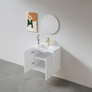 ארון אמבטיה תלוי רוחב 60 ס"מ בעומק 46 ס"מ צבע לבן או שחור מט לבחריתך עם כיור משטח חרס שקוע דגם ויילה