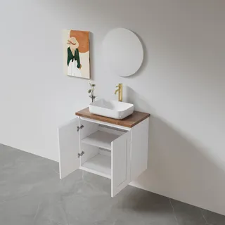 ארון אמבטיה תלוי רוחב 60 ס"מ בעומק 46 ס"מ צבע לבן או שחור מט לבחירתך עם משטח עץ מלא להנחת כיור מונח דגם סקיין