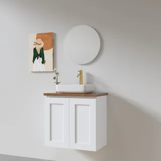 ארון אמבטיה תלוי רוחב 60 ס"מ בעומק 46 ס"מ צבע לבן או שחור מט לבחירתך עם משטח עץ מלא להנחת כיור מונח דגם סקיין