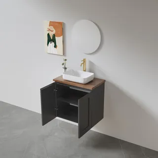 ארון אמבטיה תלוי רוחב 60 ס"מ בעומק 46 ס"מ צבע לבן או שחור מט לבחירתך עם משטח עץ מלא להנחת כיור מונח דגם סקיין