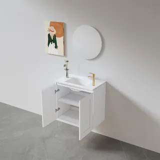 ארון אמבטיה תלוי רוחב 55 ס"מ בעומק 33 ס"מ צבע לבן או שחור מט לבחריתך עם כיור משטח חרס שקוע דגם אלבורג