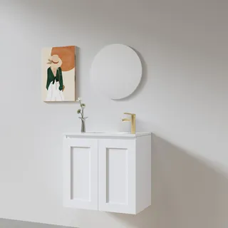 ארון אמבטיה תלוי רוחב 55 ס"מ בעומק 33 ס"מ צבע לבן או שחור מט לבחריתך עם כיור משטח חרס שקוע דגם אלבורג