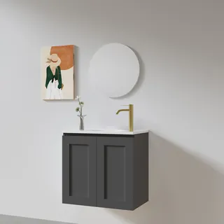 ארון אמבטיה תלוי רוחב 55 ס"מ בעומק 33 ס"מ צבע לבן או שחור מט לבחריתך עם כיור משטח חרס שקוע דגם אלבורג