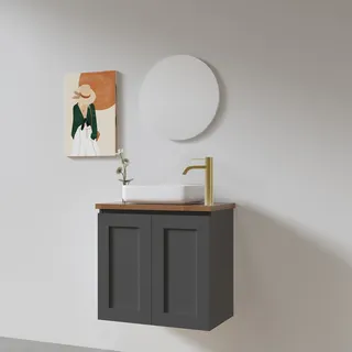 ארון אמבטיה תלוי רוחב 55 ס"מ בעומק 33 ס"מ צבע לבן או שחור מט לבחירתך עם משטח עץ מלא להנחת כיור מונח דגם רוסקילדה