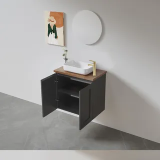 ארון אמבטיה תלוי רוחב 55 ס"מ בעומק 33 ס"מ צבע לבן או שחור מט לבחירתך עם משטח עץ מלא להנחת כיור מונח דגם רוסקילדה