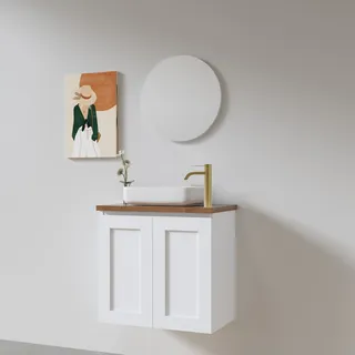 ארון אמבטיה תלוי רוחב 55 ס"מ בעומק 33 ס"מ צבע לבן או שחור מט לבחירתך עם משטח עץ מלא להנחת כיור מונח דגם רוסקילדה