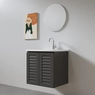 ארון אמבטיה תלוי רוחב 60 ס"מ בעומק 46 ס"מ צבע לבן או שחור מט לבחריתך עם כיור משטח חרס שקוע דגם אסביר