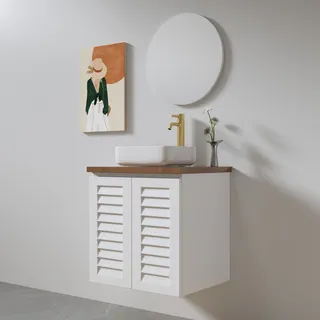 ארון אמבטיה תלוי רוחב 60 ס"מ בעומק 46 ס"מ צבע לבן או שחור מט לבחירתך עם משטח עץ מלא להנחת כיור מונח דגם אארהוס