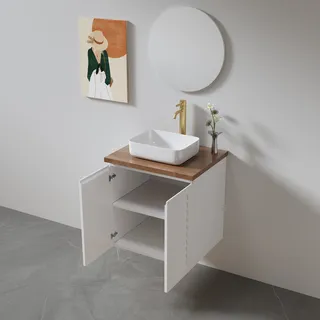 ארון אמבטיה תלוי רוחב 60 ס"מ בעומק 46 ס"מ צבע לבן או שחור מט לבחירתך עם משטח עץ מלא להנחת כיור מונח דגם אארהוס