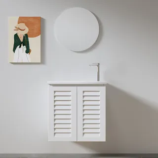 ארון אמבטיה תלוי רוחב 55 ס"מ בעומק 33 ס"מ צבע לבן או שחור מט לבחריתך עם כיור משטח חרס שקוע דגם אודנסה