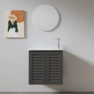 ארון אמבטיה תלוי רוחב 55 ס"מ בעומק 33 ס"מ צבע לבן או שחור מט לבחריתך עם כיור משטח חרס שקוע דגם אודנסה