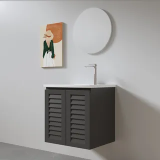 ארון אמבטיה תלוי רוחב 55 ס"מ בעומק 33 ס"מ צבע לבן או שחור מט לבחריתך עם כיור משטח חרס שקוע דגם אודנסה