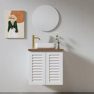 ארון אמבטיה תלוי רוחב 55 ס"מ בעומק 33 ס"מ צבע לבן או שחור מט לבחירתך עם משטח עץ מלא להנחת כיור מונח דגם יילין