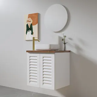 ארון אמבטיה תלוי רוחב 47 ס"מ בעומק 24 ס"מ צבע לבן או שחור מט לבחירתך עם משטח עץ מלא להנחת כיור מונח דגם אלסינור