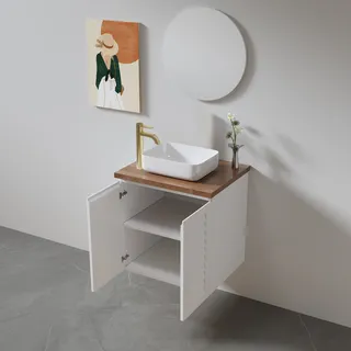 ארון אמבטיה תלוי רוחב 47 ס"מ בעומק 24 ס"מ צבע לבן או שחור מט לבחירתך עם משטח עץ מלא להנחת כיור מונח דגם אלסינור