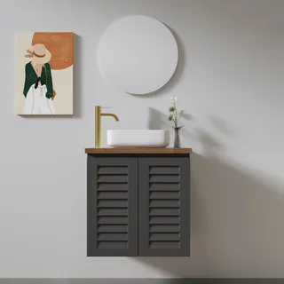 ארון אמבטיה תלוי רוחב 47 ס"מ בעומק 24 ס"מ צבע לבן או שחור מט לבחירתך עם משטח עץ מלא להנחת כיור מונח דגם אלסינור