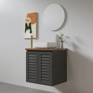 ארון אמבטיה תלוי רוחב 47 ס"מ בעומק 24 ס"מ צבע לבן או שחור מט לבחירתך עם משטח עץ מלא להנחת כיור מונח דגם אלסינור