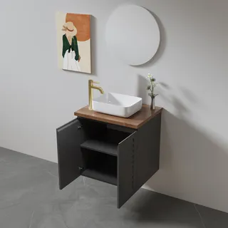 ארון אמבטיה תלוי רוחב 47 ס"מ בעומק 24 ס"מ צבע לבן או שחור מט לבחירתך עם משטח עץ מלא להנחת כיור מונח דגם אלסינור