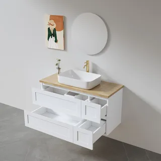 ארון אמבטיה תלוי רוחב 80, 100 ס"מ לבחירתך בעומק 46 ס"מ צבע לבן מט עם משטח עץ מלא להנחת כיור מונח דגם באזל