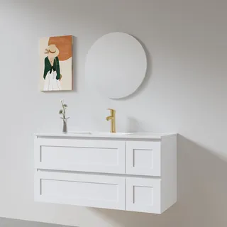 ארון אמבטיה תלוי רוחב 80, 100 ס"מ לבחירתך בעומק 46 ס"מ צבע לבן מט עם כיור משטח חרס שקוע דגם לוצרן