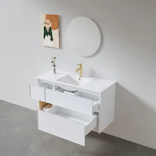 ארון אמבטיה תלוי רוחב 100 ס"מ בעומק 46 ס"מ צבע לבן מט עם כיור משטח חרס שקוע דגם גלאריס