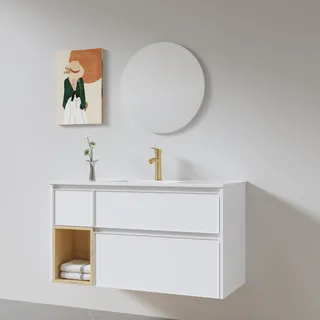 ארון אמבטיה תלוי רוחב 100 ס"מ בעומק 46 ס"מ צבע לבן מט עם כיור משטח חרס שקוע דגם גלאריס